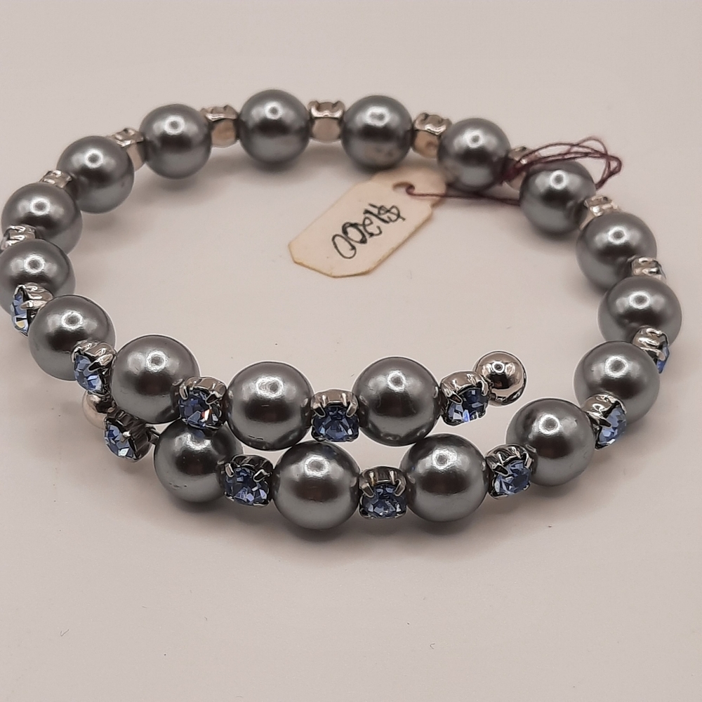 Beaded Bracelets Blue Rhinestones and Gray Beads